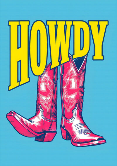 Pop Art poster featuring two pink cowgirl boots with the word HOWDY in bold yellow letters above them on a blue background. A1 to A4 poster print.