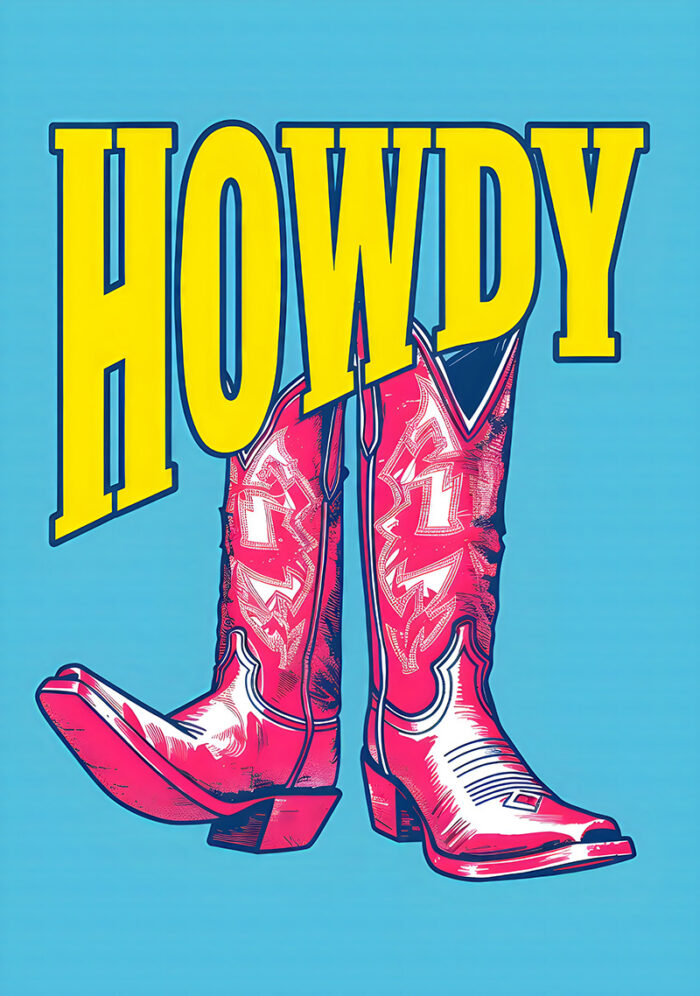 product-image Pop Art poster featuring two pink cowgirl boots with the word HOWDY in bold yellow letters above them on a blue background. A1 to A4 poster print.