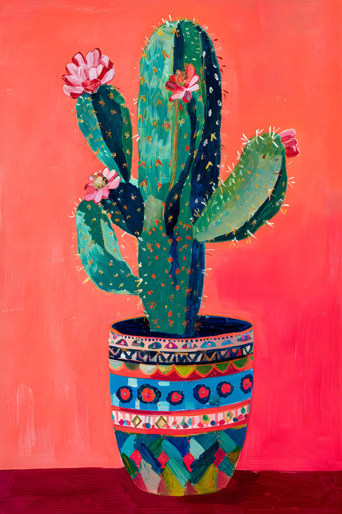 product-image A painted cactus with pink flowers sits in a colourful, patterned pot against a bright pink background, capturing the bold spirit of Maximalist Art—perfect for a vibrant poster. A1 to A4 poster print.