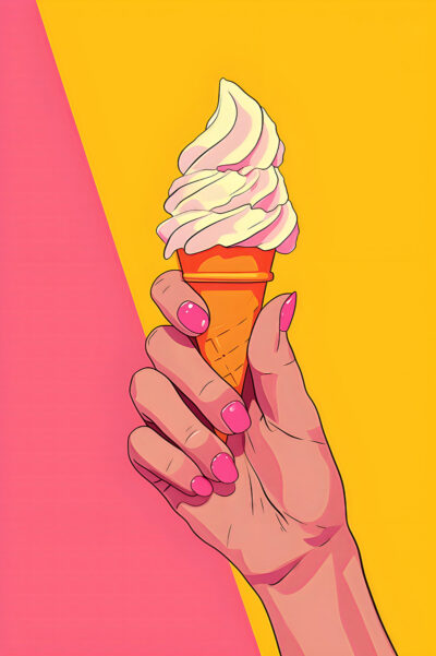 A hand with pink-painted nails holds an Ice Cream Cone against a yellow and pink background, creating a vibrant Pop Art poster vibe. A1 to A4 poster print.