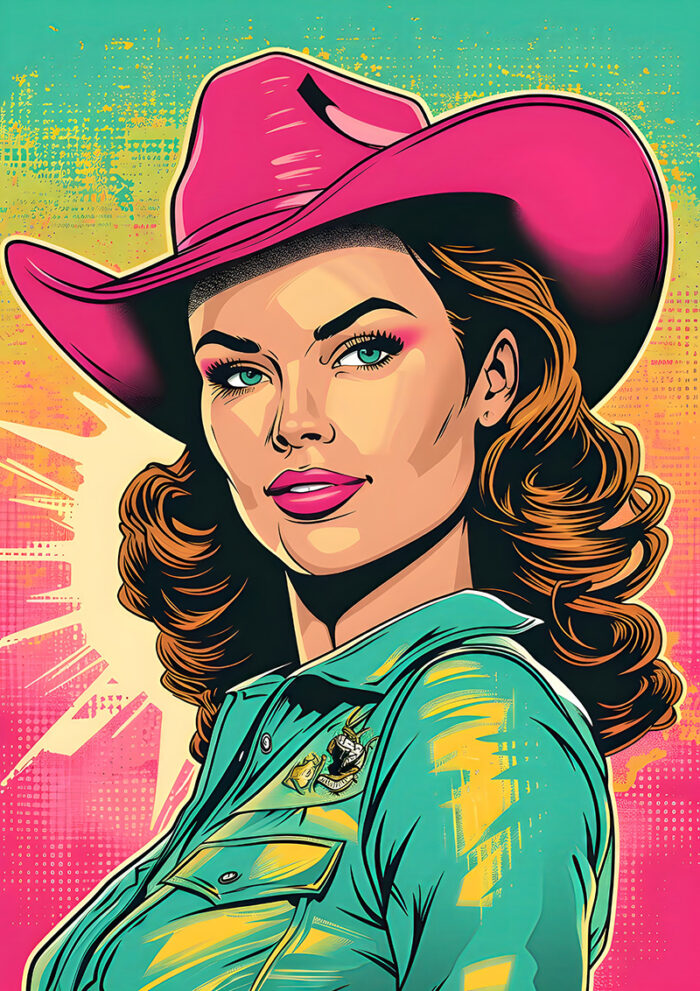 product-image A stylized Pop Art Poster featuring a woman with wavy brown hair, a pink cowgirl hat, teal shirt, and sheriff badge set against a vibrant, colourful background. A1 to A4 poster print.