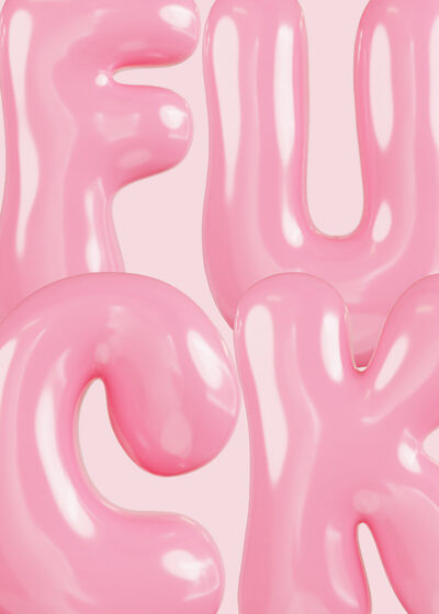 Large, shiny, pink balloon-like letters spelling out an expletive word create a bold Balloon Letters Poster against a light pink background. A1 to A4 poster print.