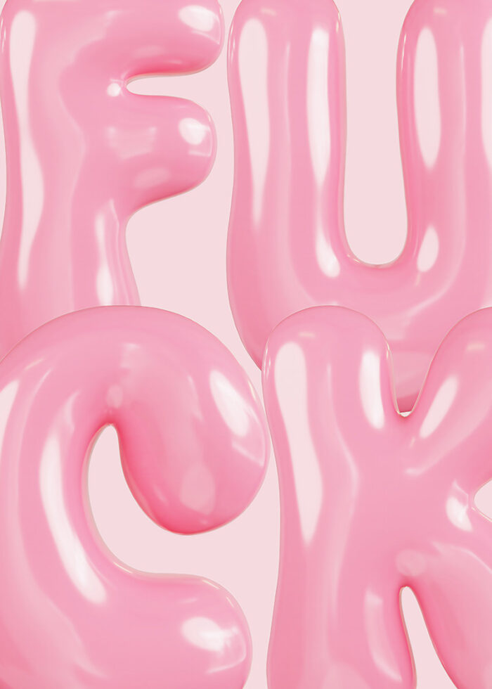 product-image Large, shiny, pink balloon-like letters spelling out an expletive word create a bold Balloon Letters Poster against a light pink background. A1 to A4 poster print.