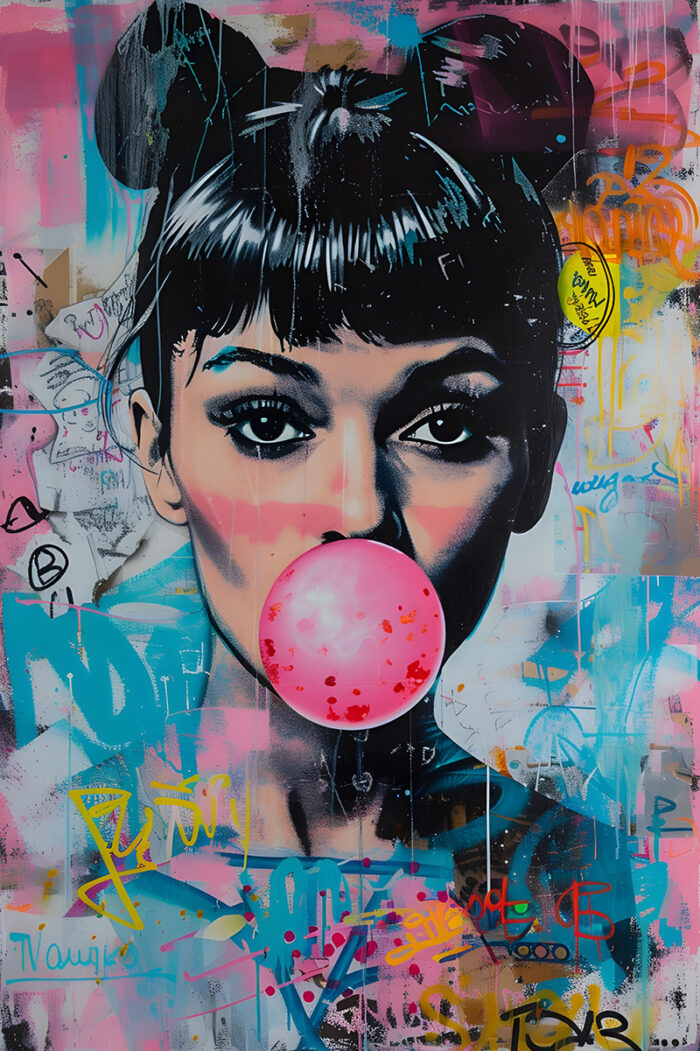 product-image A vibrant Pop Art Poster featuring a Bubblegum Girl with dark hair in buns, blowing a large pink bubblegum bubble, set against a colourful, abstract background filled with graffiti tags and markings. A1 to A4 poster print.