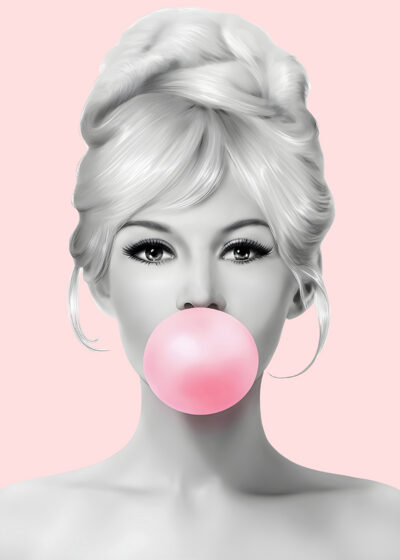 Black and white illustration of a Bubblegum Girl with styled hair blowing a pink bubblegum bubble against a light pink background—perfect as a quirky Girl Poster or trendy Bubblegum Art for your space. A1 to A4 poster print.