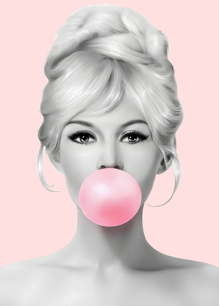 product-image Black and white illustration of a Bubblegum Girl with styled hair blowing a pink bubblegum bubble against a light pink background—perfect as a quirky Girl Poster or trendy Bubblegum Art for your space. A1 to A4 poster print.
