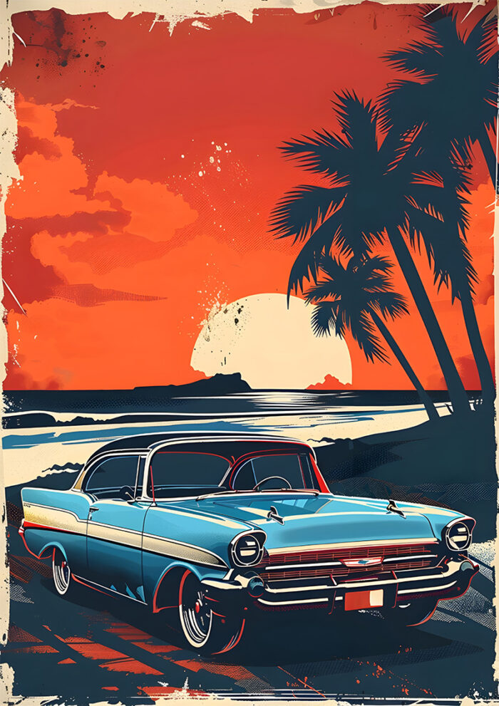product-image A vintage car is parked by a beach at sunset, with palm trees and the ocean in the background, depicted in a retro vintage poster style with bold two-tone orange and blue hues. A1 to A4 poster print.