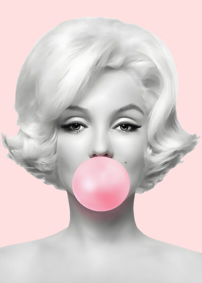 Black and white portrait of Marilyn Monroe with short, wavy hair blowing a pink bubble with bubblegum against a pale pink background—perfect as a chic poster for your space. A1 to A4 poster print.