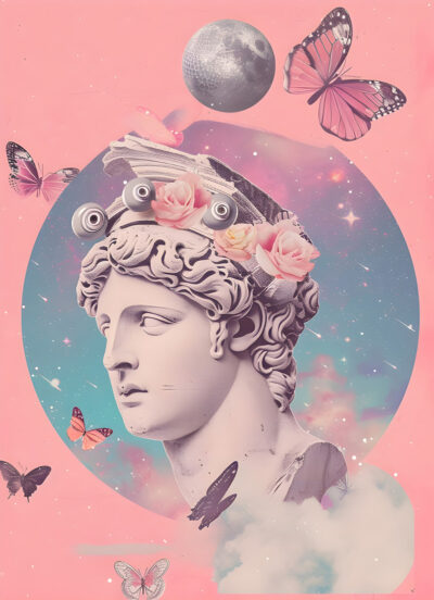 A classical marble bust inspired by the Statue of David with roses and pink butterflies, set against a pastel sky with the moon and clouds—perfect for a modern art poster. A1 to A4 poster print.