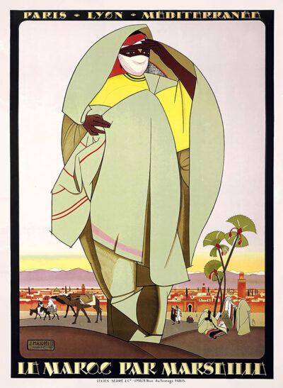 Art Deco Marseille Travel Poster depicting a figure in traditional Moroccan attire with a cityscape, palm tree, and distant travelers; inspired by Jacques Majorelle, text reads Le Maroc Par Marseille. Poster print available in A1 to A4 sizes.