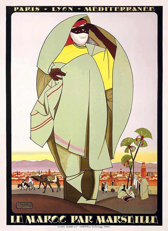 product-image Art Deco Marseille Travel Poster depicting a figure in traditional Moroccan attire with a cityscape, palm tree, and distant travelers; inspired by Jacques Majorelle, text reads Le Maroc Par Marseille. Poster print available in A1 to A4 sizes.