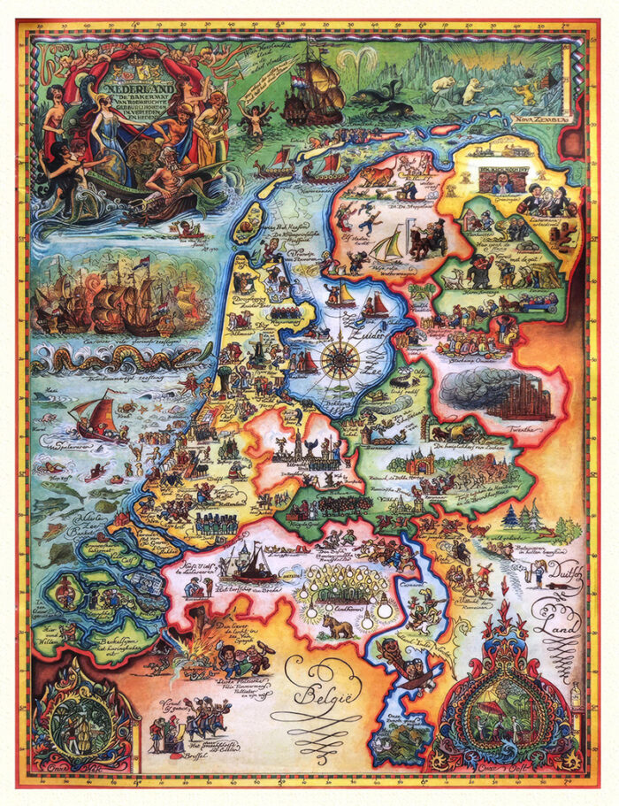 product-image Illustrated, vintage map art of the Netherlands and Belgium, highlighting historical events, regional landmarks, and traditional activities with colourful drawings. Poster print available in A1 to A4 sizes.