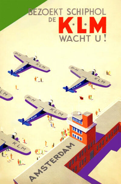 Vintage Travel Poster illustration of KLM airplanes soaring above Schiphol airport, with crowds below and “AMSTERDAM” emblazoned on the runway. Dutch text accents the top, capturing a classic aviation moment. Poster print available in A1 to A4 sizes.