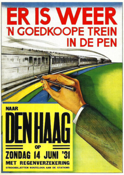 Travel Poster 1931: Dutch poster advertising Goedkoope Trein fares to Den Haag, with a hand drawing a train and bold red, yellow, and black text. Poster print available in A1 to A4 sizes.
