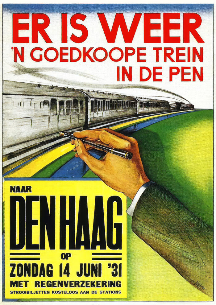 product-image Travel Poster 1931: Dutch poster advertising Goedkoope Trein fares to Den Haag, with a hand drawing a train and bold red, yellow, and black text. Poster print available in A1 to A4 sizes.