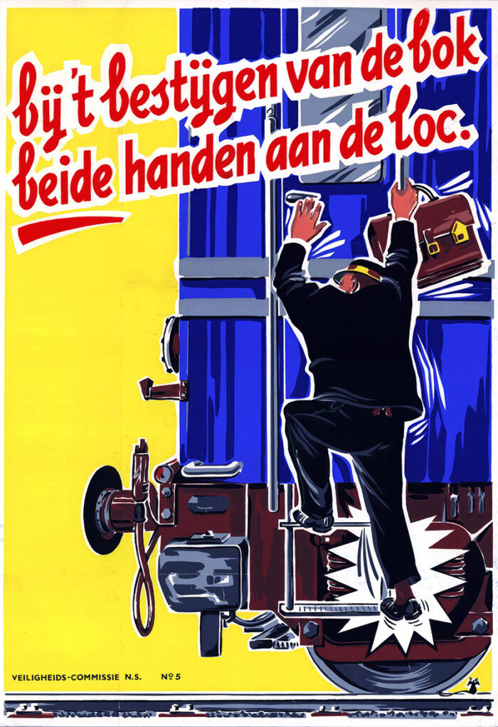 A man in a suit climbs onto the back of a blue loc, holding a briefcase, with Dutch safety instructions above him—evoking the spirit of a Vintage Travel Poster. Poster print available in A1 to A4 sizes.