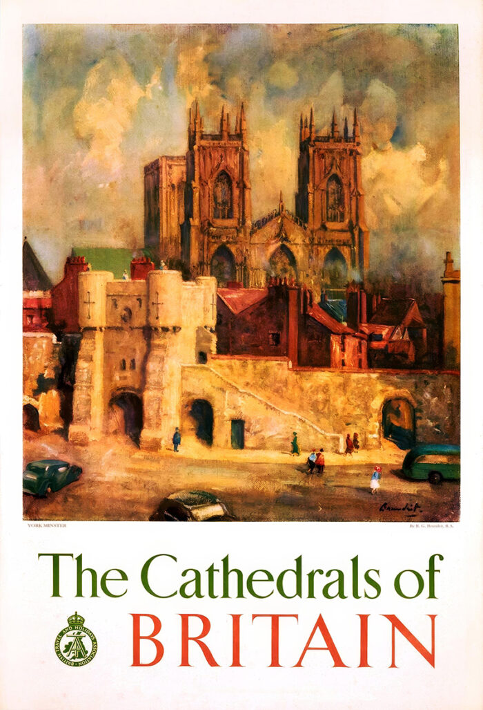 product-image Vintage poster featuring an illustrated view of York Minster cathedral with nearby buildings, cars, and people, titled The Cathedrals of Britain. Perfect for fans of British Travel and the Holidays Association. Poster print available in A1 to A4 sizes.
