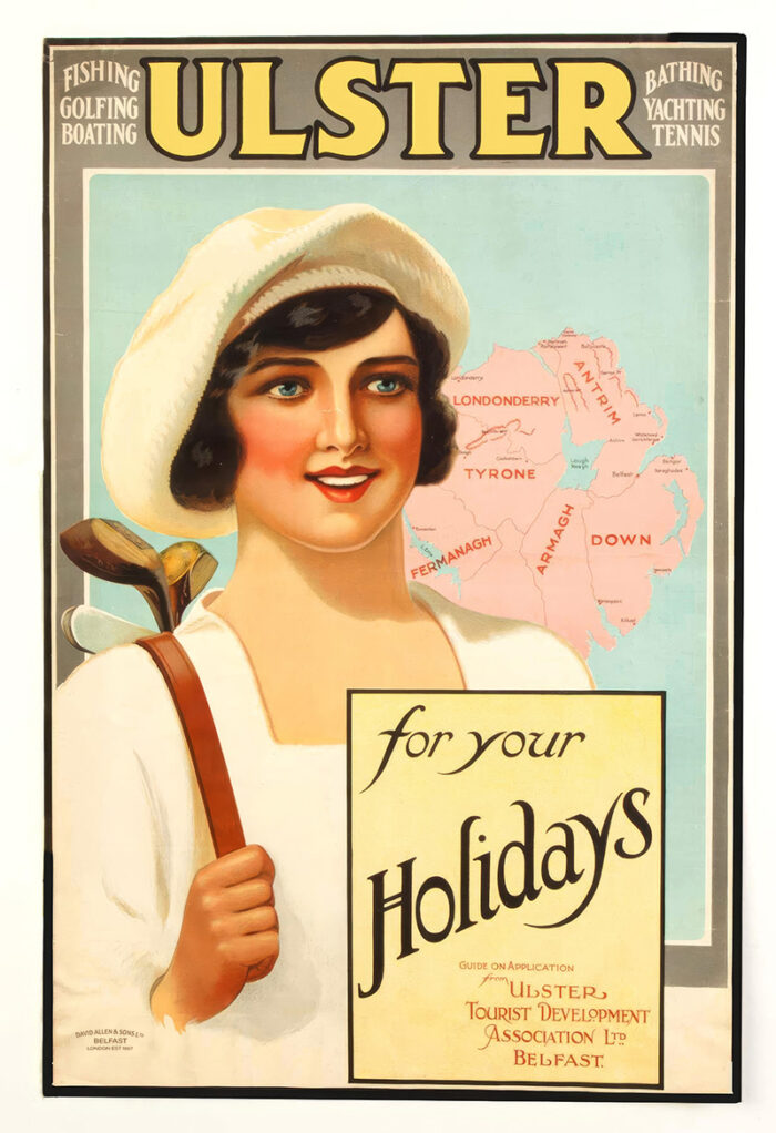 product-image Vintage travel poster by David Allen & Sons featuring a smiling woman in white attire holding golf clubs, advertising Ulster holidays, with a map of Northern Ireland counties in the background. Poster print available in A1 to A4 sizes.