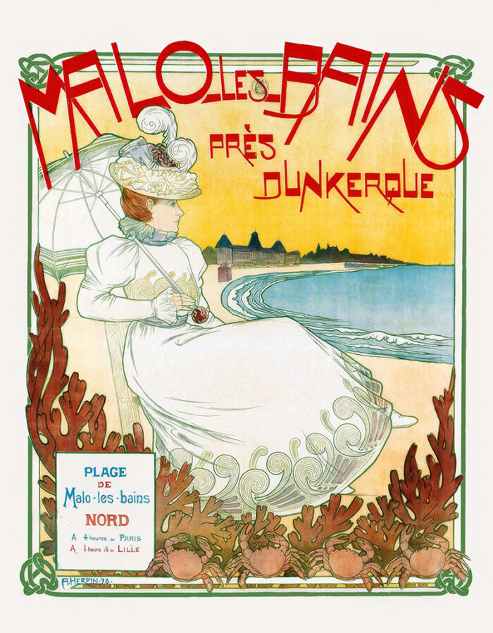 product-image Art Nouveau travel poster featuring a woman in a white dress and hat by the beach at Malo-les-Bains near Dunkerque, with bold red text and a scenic seaside background. Poster print available in A1 to A4 sizes.