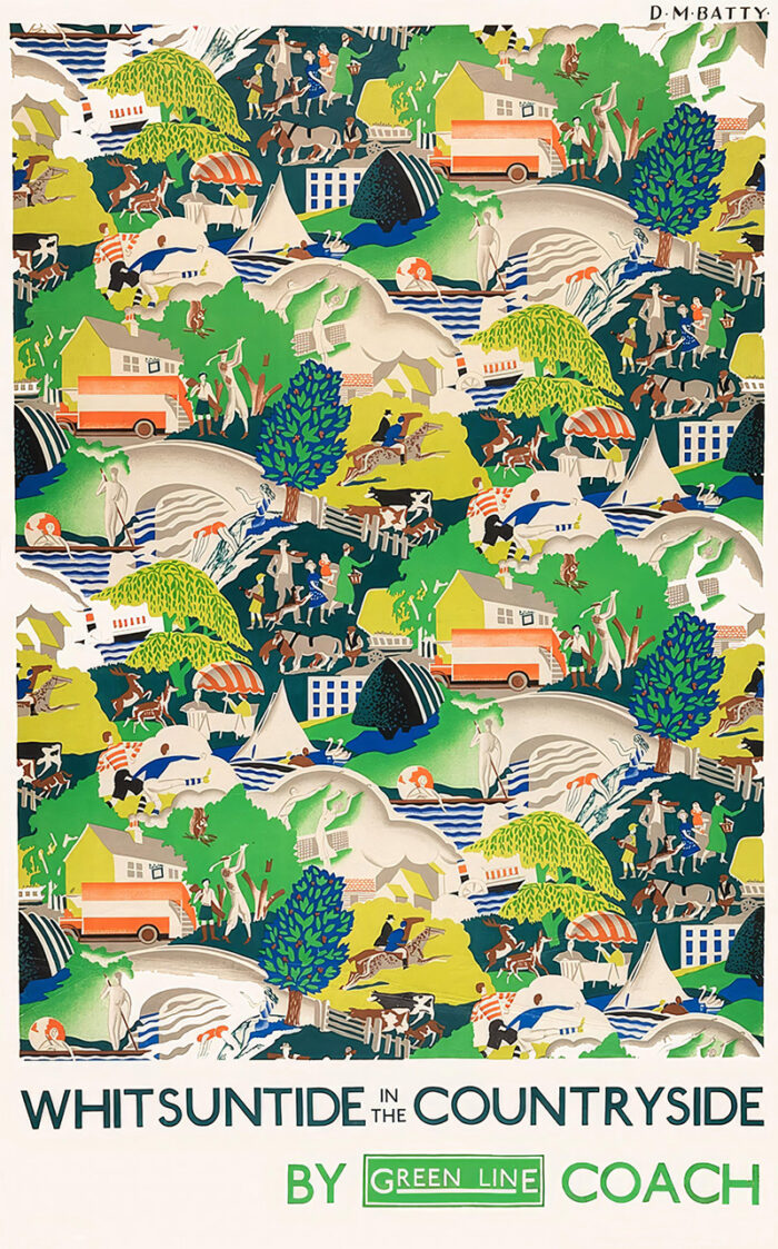 product-image Illustrated travel poster by Dora M. Batty shows people enjoying outdoor activities in the countryside, with trees, cars, tents, and hills. Text reads: Whitsuntide in the Countryside by Green Line Coach. Poster print available in A1 to A4 sizes.