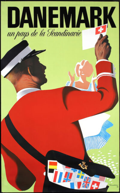 Vintage travel poster of a Danish uniformed mail carrier holding a letter, with a woman in the background and international flags on the mailbag. Text reads Danemark, un pays de la Scandinavie. Poster print available in A1 to A4 sizes.