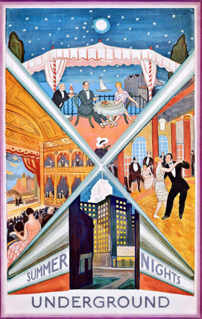 product-image Vintage poster by Waterlow & Sons Limited displays four lively summer night scenes—outdoor dining, theatre, dancing, and city lights—framed by SUMMER NIGHTS UNDERGROUND at the bottom, reminiscent of classic London Travel Poster designs. Poster print available in A1 to A4 sizes.