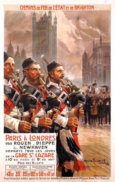 product-image Vintage travel poster showing a parade of Scottish bagpipers in uniform, with historic buildings and a red bus in the background, advertising Chemins de Fer de lÉtat train travel Paris à Londres. Poster print available in A1 to A4 sizes.