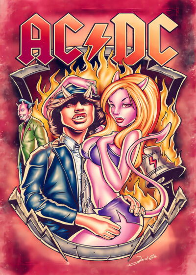 Vibrant Devilish Poster featuring the iconic AC/DC band logo above a cartoon man in a school uniform and a devil woman, with flames and a small man in a green suit in the background. Poster print available in A1 to A4 sizes.