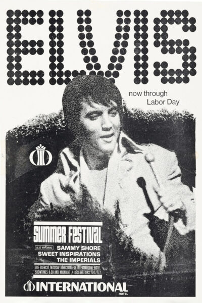 Black and white poster featuring Elvis promoting Summer Festival shows at the International Hotel, with event details and supporting acts listed below his image. Poster print available in A1 to A4 sizes.