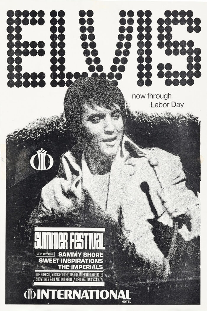product-image Black and white poster featuring Elvis promoting Summer Festival shows at the International Hotel, with event details and supporting acts listed below his image. Poster print available in A1 to A4 sizes.