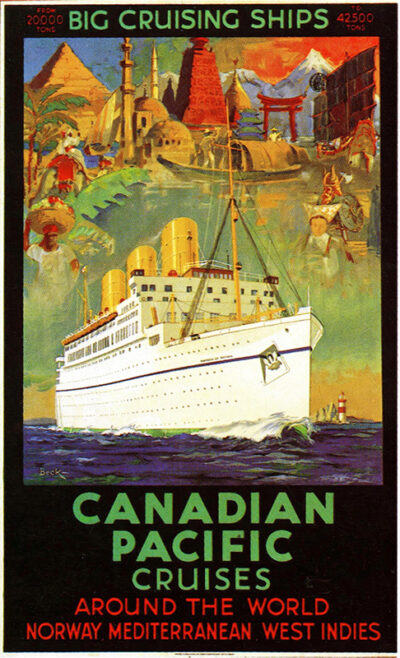 Vintage travel poster featuring a big cruising ship at sea with illustrations of global landmarks, showcasing Canadian Pacific Cruises around the world. Poster print available in A1 to A4 sizes.
