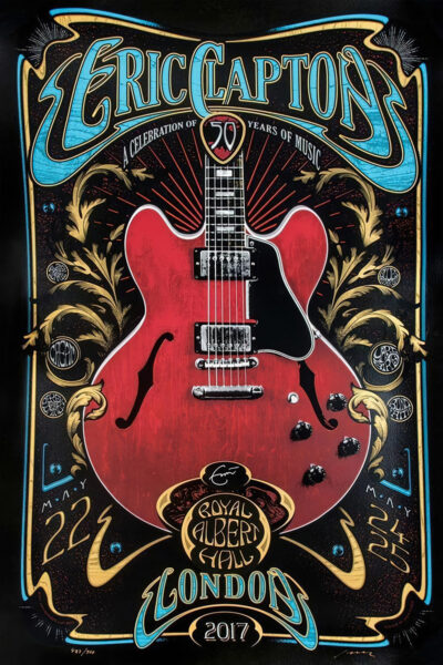 Poster for Eric Clapton’s 2017 Royal Albert Hall concerts, featuring a red electric guitar and decorative text announcing show dates: May 22, 24, and 25. Poster print available in A1 to A4 sizes.