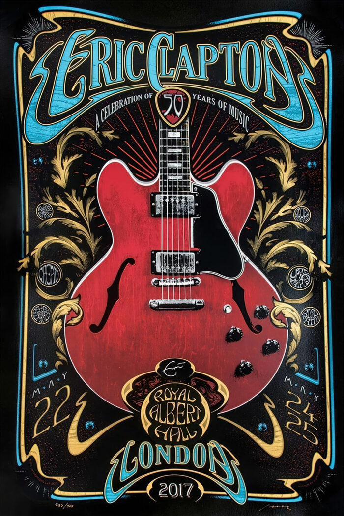 product-image Poster for Eric Clapton’s 2017 Royal Albert Hall concerts, featuring a red electric guitar and decorative text announcing show dates: May 22, 24, and 25. Poster print available in A1 to A4 sizes.