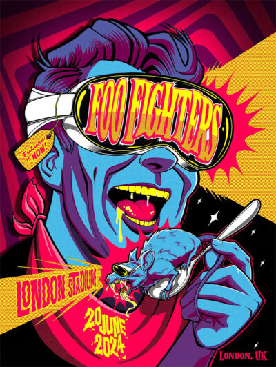 A colourful illustration of a blue-skinned person in VR goggles labeled Foo Fighters, eating a mouse, advertising the Foo Fighters 2024 concert at London Stadium on June 20. Poster print available in A1 to A4 sizes.