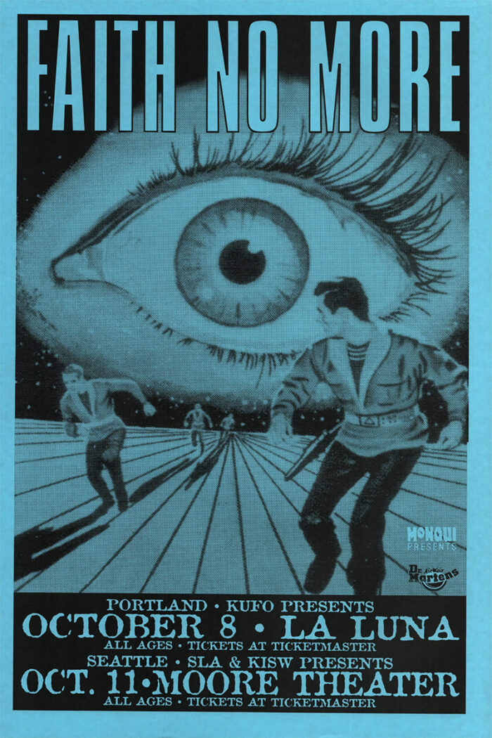 product-image Blue concert poster for Faith No More, featuring a large eye and abstract figures, with show details for Portland on October 8 at La Luna and Seattle on October 11 at Moore Theatre. Poster print available in A1 to A4 sizes.