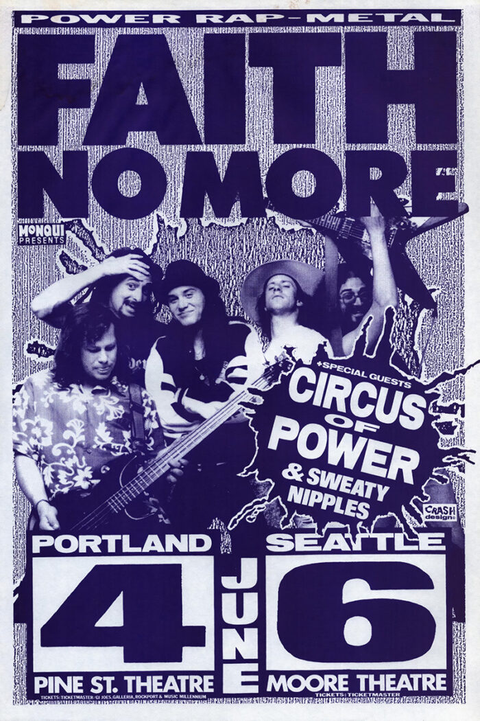 product-image Promotional poster for Power Rap-Metal icons Faith No More concert in Portland with special guests Circus of Power and Sweaty Nipples; features concert dates, venues, and a dynamic photo of the band. Poster print available in A1 to A4 sizes.