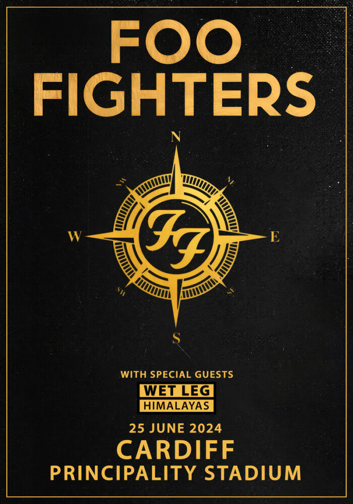 product-image Foo Fighters concert poster with compass graphic for June 2024, listing Wet Leg and Himalayas as special guests at Cardiff Principality Stadium. Poster print available in A1 to A4 sizes.