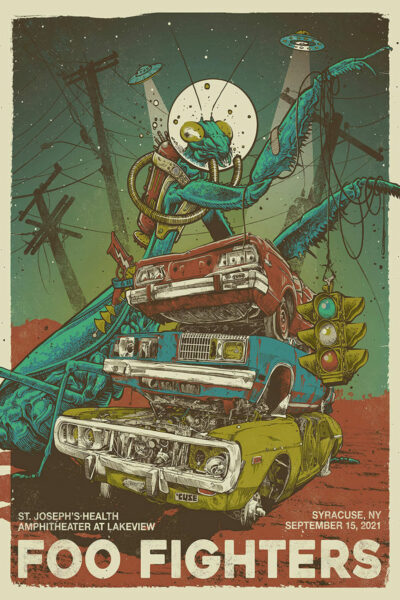 Illustrated poster of a giant serpent crushing cars and a traffic light, promoting the 2021 Foo Fighters concert at St. Joseph’s Health Amphitheater in Syracuse, New York, on September 15. Poster prints available in A1 to A4 sizes.