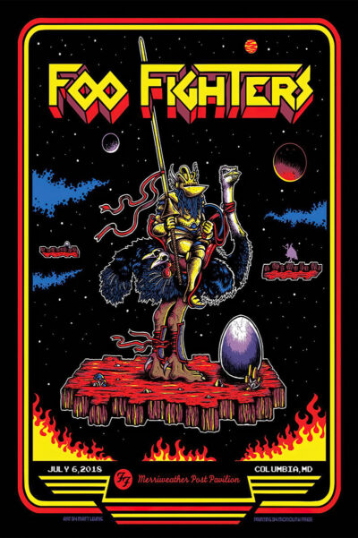 Illustrated Foo Fighters concert poster for Merriweather Post Pavilion, July 2018, featuring an armored fox warrior holding a spear on a floating red platform in space, with a large egg and planet in the background. Poster prints available in A1 to A4 sizes.