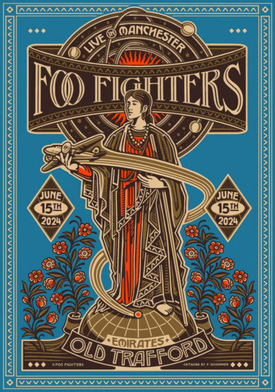 Art nouveau-style poster for Foo Fighters Live in Manchester at Old Trafford 2024, featuring a woman with a snake and floral decorations. Poster prints available in A1 to A4 sizes.