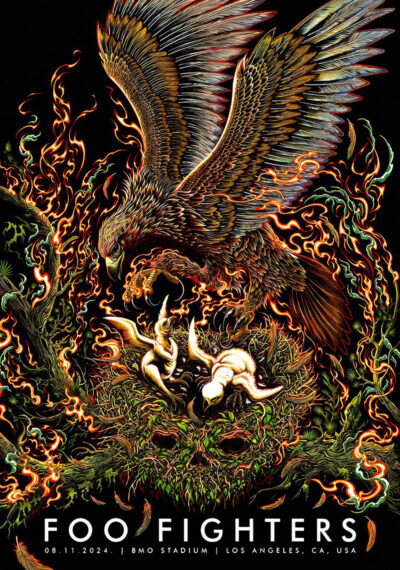 Concert poster for Foo Fighters featuring an illustrated eagle, two human figures, and swirling fire and foliage, with event details for Los Angeles 2024 at BMO Stadium on August 11. Poster prints available in A1 to A4 sizes.