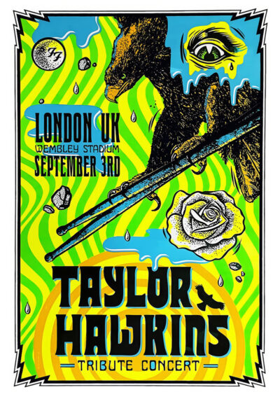Psychedelic poster for the Taylor Hawkins Tribute Concert in London at Wembley Stadium on September 3rd, featuring vibrant graphics and full event details. Poster prints available in A1 to A4 sizes.