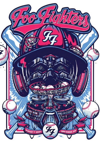 Illustration of a cap with the Foo Fighters logo, baseballs, headphones, and DJ equipment, celebrating a 2024 Foo Fighters concert in San Diego. Poster prints available in A1 to A4 sizes.
