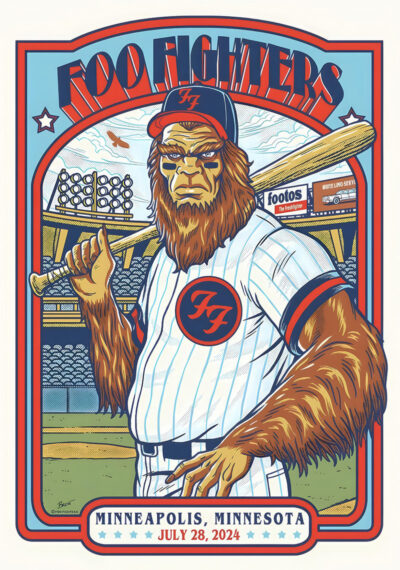 An illustrated Sasquatch in a Foo Fighters baseball uniform holds a bat on the field. Poster text reads Foo Fighters, Minneapolis, 2024—celebrating their iconic concert on July 28th. Poster prints available in A1 to A4 sizes.