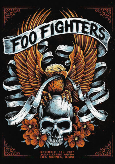 Poster for Foo Fighters concert featuring an illustrated eagle with spread wings perched on a skull, surrounded by flowers and banners. Event details: November 10, 2017, Des Moines Iowa. Poster prints available in A1 to A4 sizes.