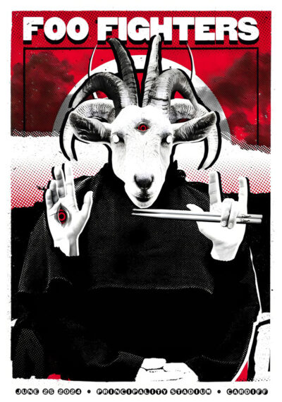 Concert poster for Foo Fighters at Principality Stadium, Cardiff 2024, featuring a humanoid figure with a goat head, three eyes, and drumsticks, with striking red, black, and white graphic elements. Event details listed at the bottom. Poster prints available in A1 to A4 sizes.