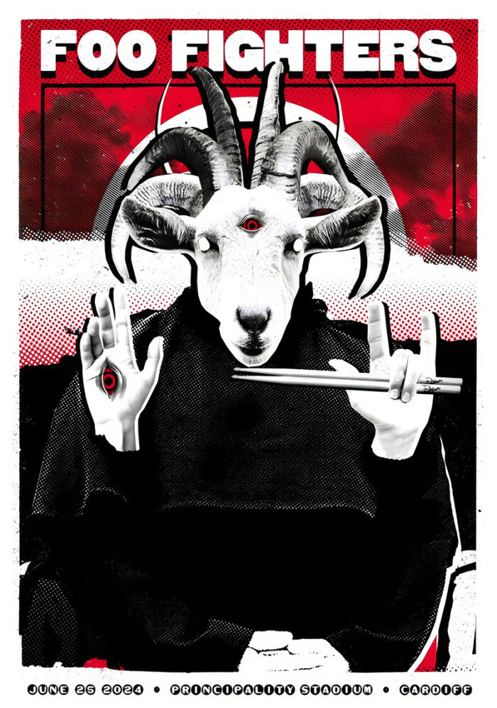 product-image Concert poster for Foo Fighters at Principality Stadium, Cardiff 2024, featuring a humanoid figure with a goat head, three eyes, and drumsticks, with striking red, black, and white graphic elements. Event details listed at the bottom. Poster prints available in A1 to A4 sizes.