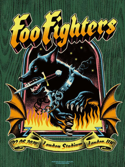 Illustrated poster with Foo Fighters text, featuring a snarling black dog with bat wings and a spiked collar, holding a sword in its mouth, surrounded by fire, stars, and 2024 London Stadium event details. Poster prints available in A1 to A4 sizes.