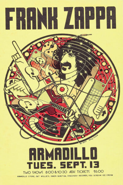 Yellow concert poster featuring Frank Zappa illustrated with instruments and stars, promoting two shows at Armadillo on Tuesday, September 13. Available exclusively at Oat Willies and the Armadillo Store. Poster prints available in A1 to A4 sizes.