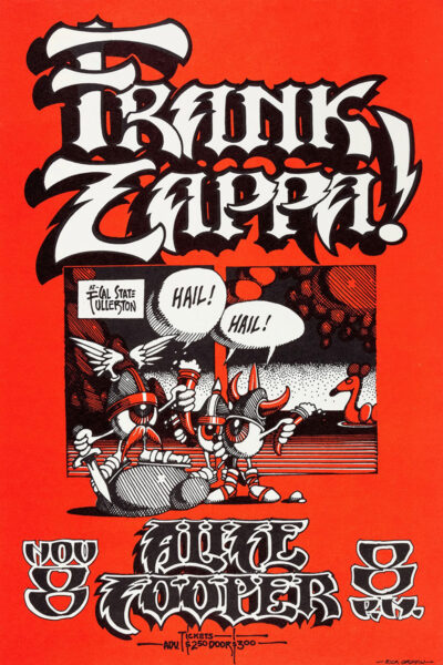 Red concert poster featuring Frank Zappa in bold stylized text, cartoon characters saying Hail!, and event details for November 8 at All State Toleston. Special guest Alice Cooper makes an appearance. Poster prints available in A1 to A4 sizes.